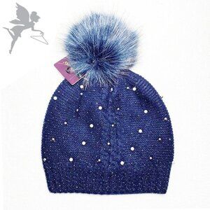 NWT Pearl and rhinestone fleece lined pompon hat